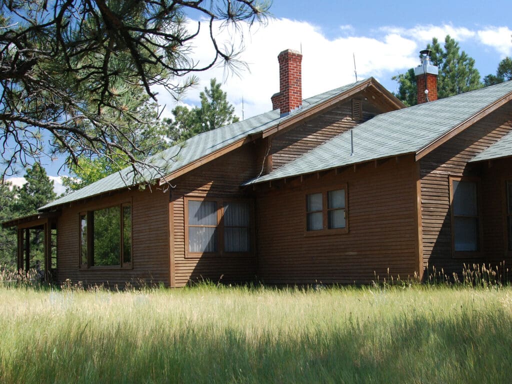 A brown wooden house with green roof shingles sits in a grassy field, surrounded by tall pine trees and bright sunlight—an ideal setting for a serene cattle ranch or hunting property under a partly cloudy sky.