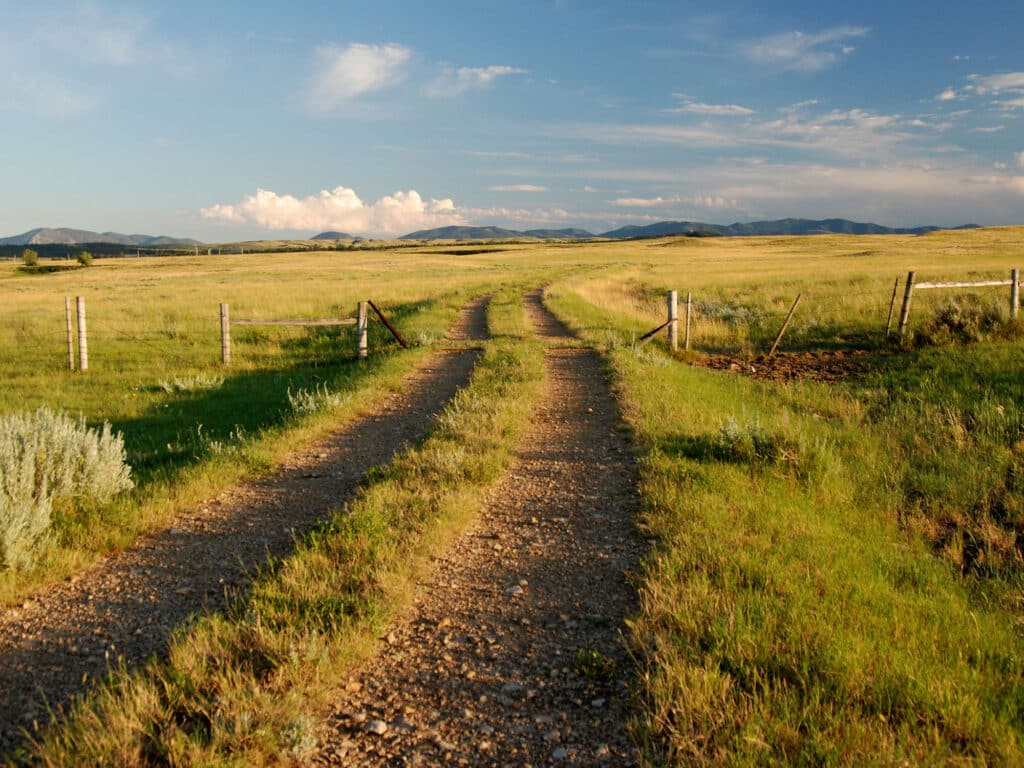 A gravel path winds through a grassy field, flanked by barbed wire fences, leading toward distant hills beneath a blue sky. Warm sunlight bathes this beautiful recreational land, perfect for those seeking unique land for sale.