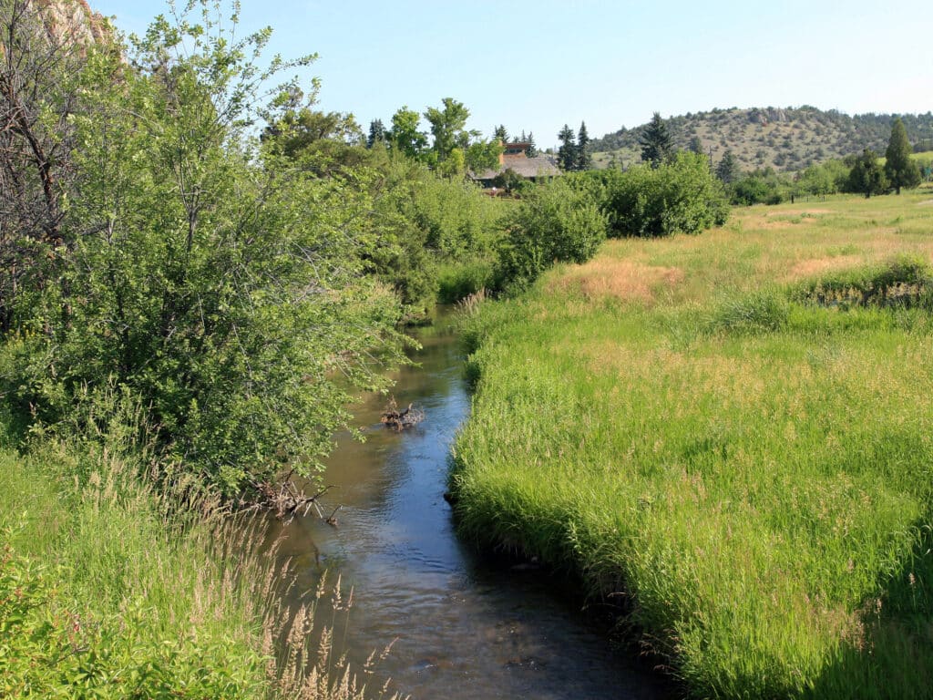 A narrow, gently flowing stream winds through lush green grass and bushes, perfect for recreational land, with a house partially visible among trees in the background and low hills under a clear blue sky.
