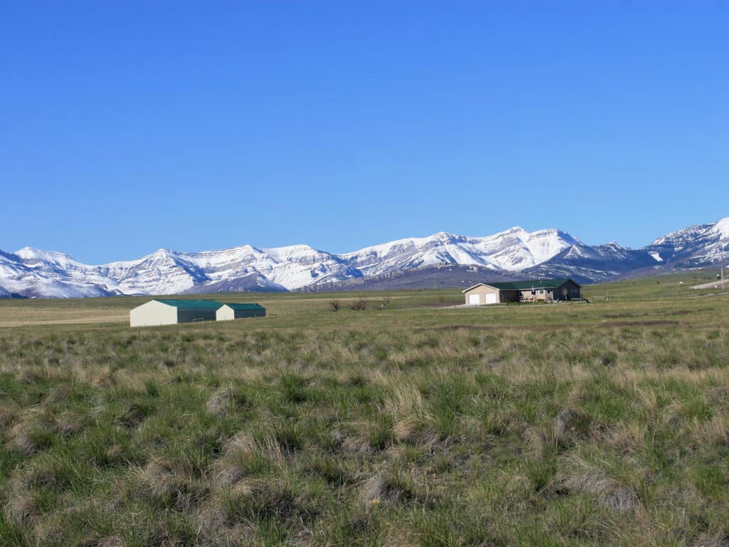 A wide grassy field with two small buildings sits beneath snow-capped mountains under a clear blue sky, offering ideal recreational land for sale.
