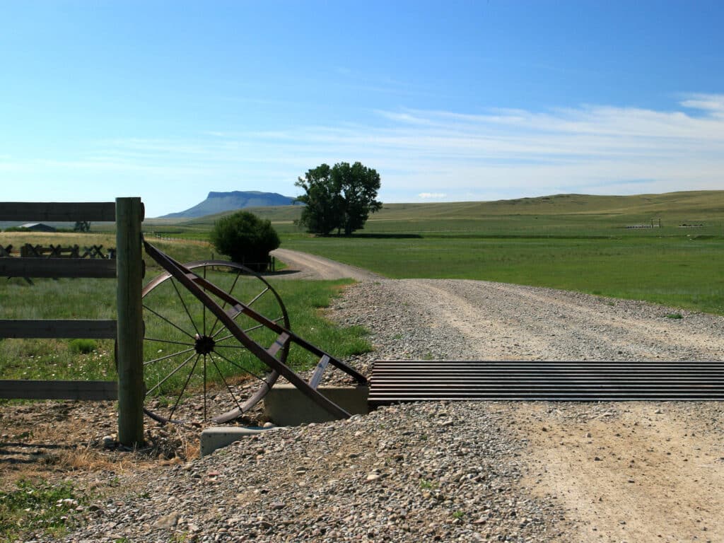 A gravel road curves through a green rural landscape, crossing a metal cattle guard near a wooden fence at a cattle ranch. A wagon wheel decorates the gate, with open fields and distant hills under a blue sky.
