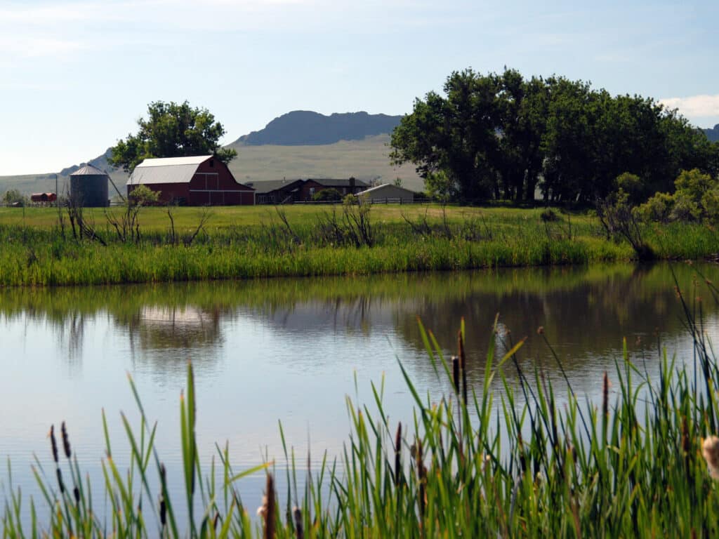 A calm pond with tall grass in the foreground reflects a red barn, silo, and trees beyond, set against a mountain and open fields under a clear sky—ideal recreational land or hunting property.