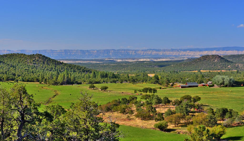 A scenic landscape with green fields, scattered trees, a few farm buildings, rolling hills, and distant plateaus under a clear blue sky—ideal recreational land or potential cattle ranch.