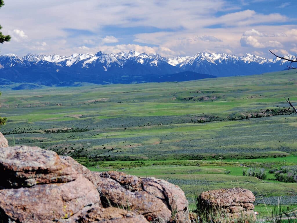 Wide green plains dotted with shrubs and rocks in the foreground, leading to snow-capped mountain peaks under a partly cloudy sky—ideal recreational land or hunting property for those seeking land for sale.