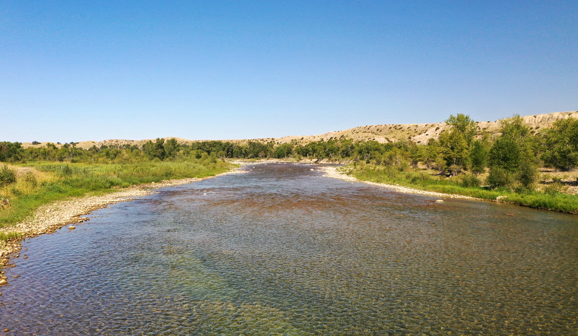 A shallow, clear river flows gently between grassy, tree-lined banks under a bright blue sky with distant low hills—perfect land for sale suitable as a hunting property or cattle ranch.
