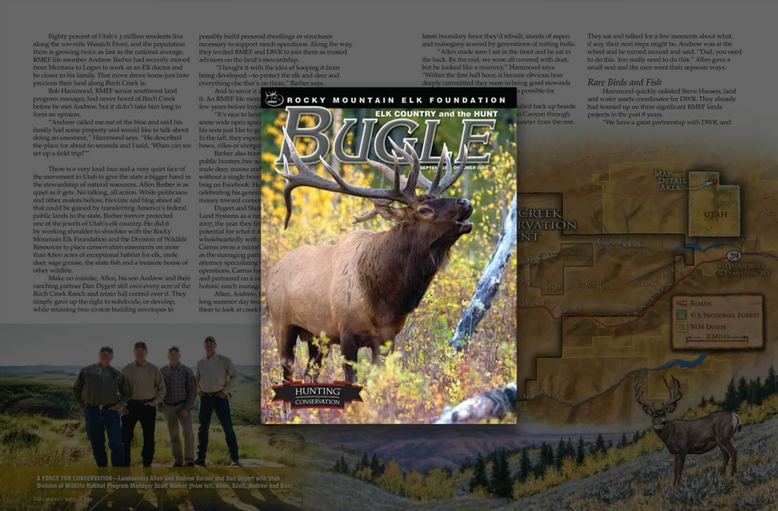 Cover of Bugle magazine featuring a large elk with antlers in a forest setting, highlighting the appeal of hunting property. The background displays faint maps, text, three men standing, and a panoramic landscape with another elk.