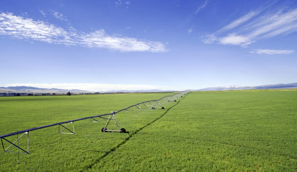 A long center-pivot irrigation system spans a lush green field under a bright blue sky with scattered clouds, perfect for a cattle ranch or hunting property, with distant mountains visible on the horizon.