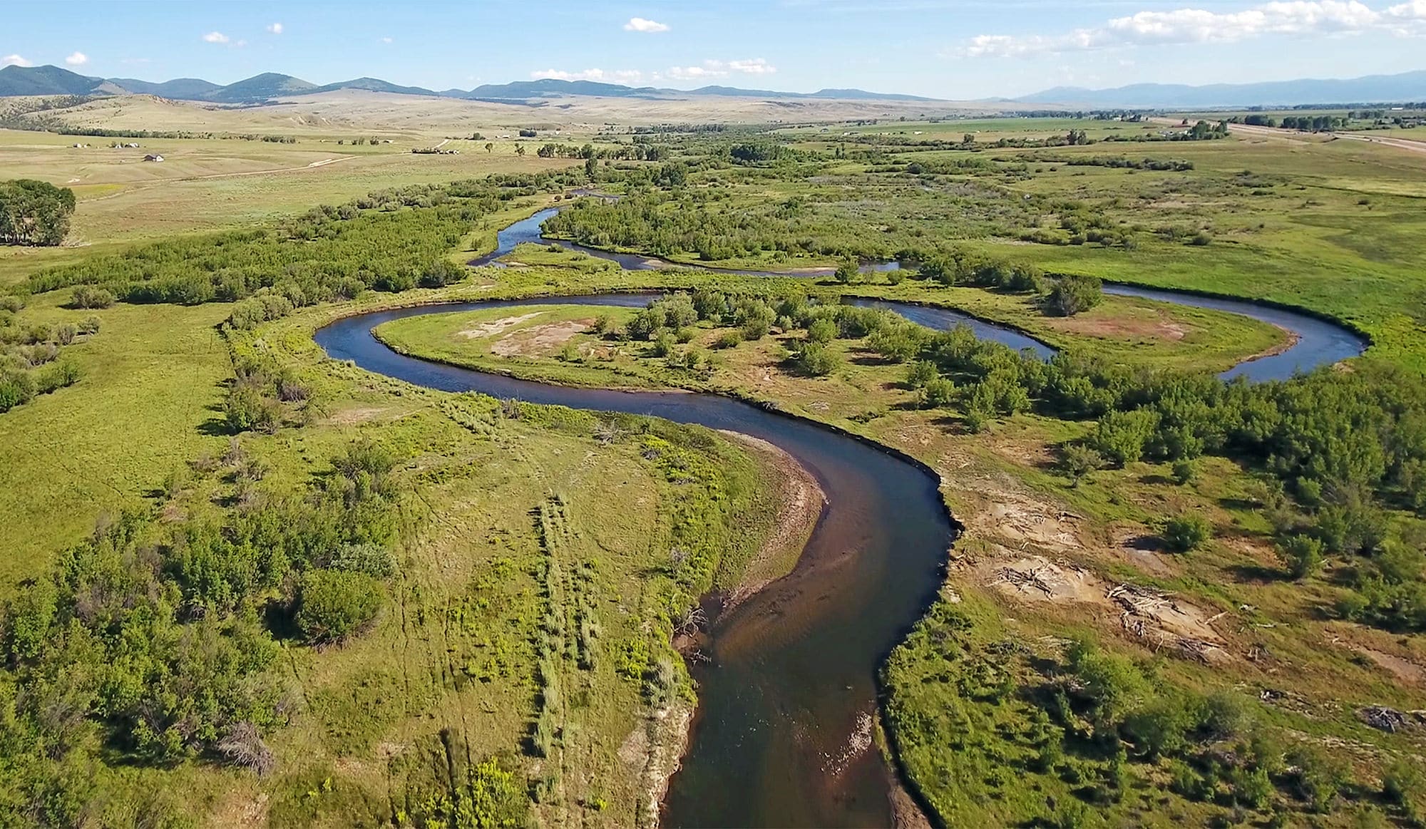 A winding river flows through a green, grassy landscape with scattered bushes and trees, backed by distant mountains under a blue sky—an ideal hunting property or cattle ranch with land for sale.