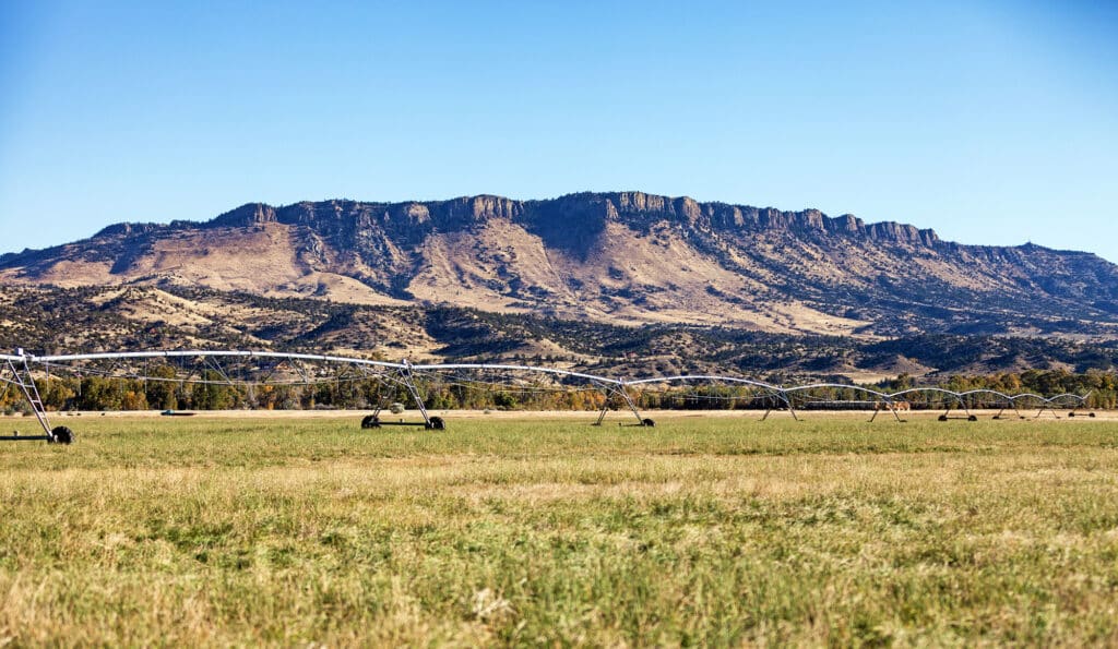 A large irrigation system stretches across a grassy field on a cattle ranch, with a rugged, flat-topped mountain in the background under a clear blue sky.