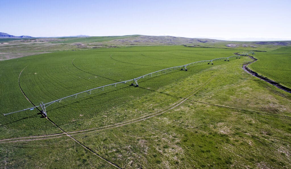 Aerial view of a large, green agricultural field with a central pivot irrigation system stretching across it—ideal land for sale. Rolling hills and a clear blue sky are visible in the background.