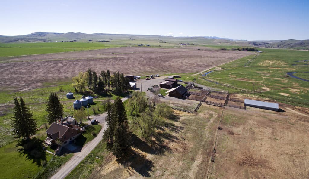 Aerial view of a rural ranch for sale with several buildings, trees, and open fields; farmland and green pastures stretch into the distance under a clear blue sky.