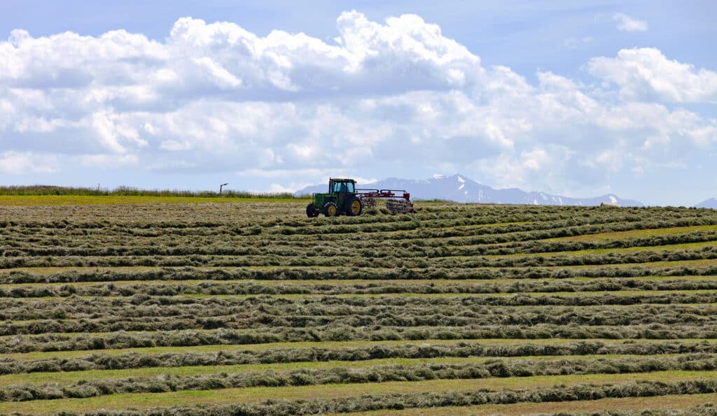 A tractor drives across a large, open field with rows of cut grass under a blue sky and distant mountains, showcasing ideal recreational land perfect for outdoor activities.