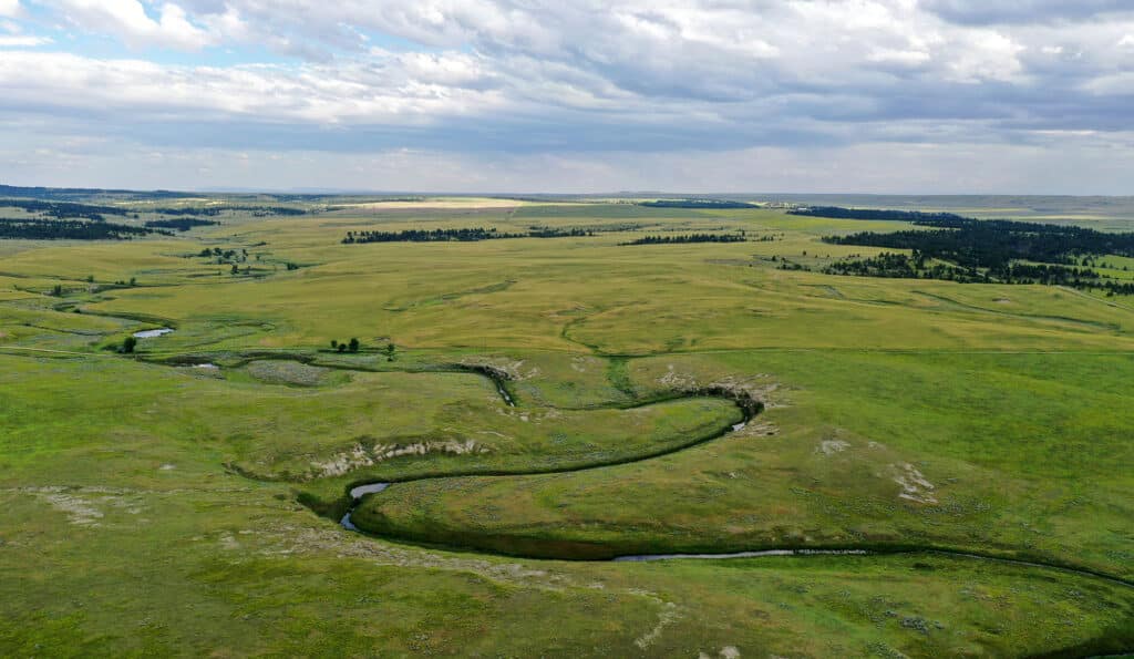 A winding river flows through vast, open grasslands under a partly cloudy sky, with scattered trees and rolling hills—perfect recreational land or hunting property stretching into the distance.