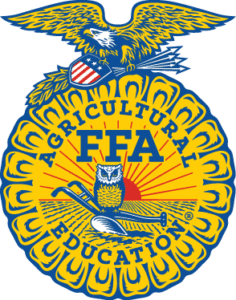 FFA emblem featuring a yellow sunburst, an owl, plow, and ear of corn, with the words Agricultural Education and FFA, topped by a bald eagle—an icon recognized across cattle ranches and hunting property nationwide.