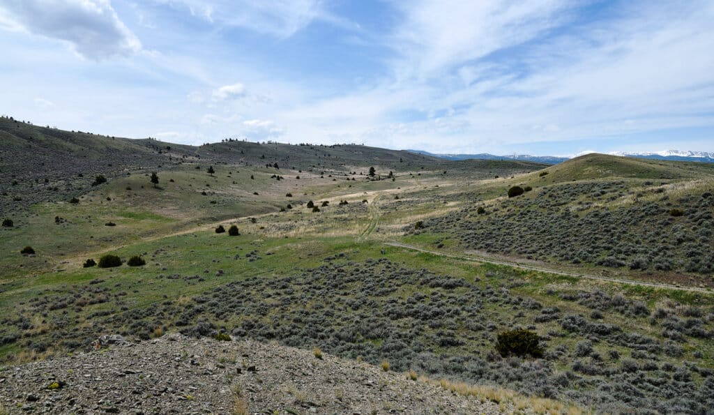 Rolling hills with sparse green grass and shrubs stretch beneath a partly cloudy sky, distant mountains on the horizon. A winding dirt path crosses this scenic landscape, perfect for a cattle ranch or those seeking land for sale.