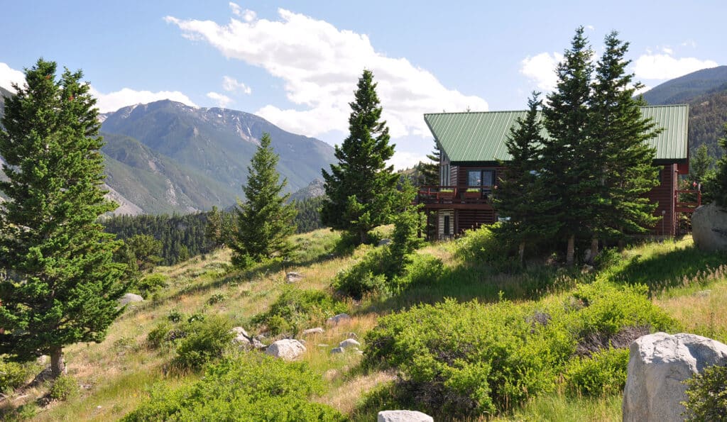 A cabin with a green roof sits among pine trees on a grassy hillside, with mountains and blue sky in the background—perfect as a hunting property or ranch for sale.