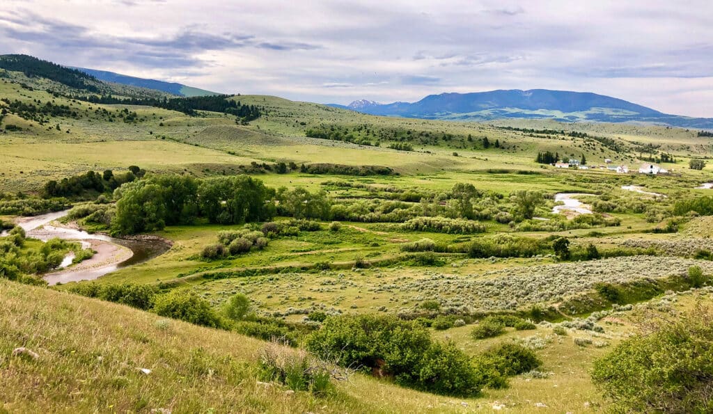 A wide, green valley with a winding river, clusters of trees, rolling hills, and distant blue mountains beneath a cloudy sky—perfect hunting property or ranch for sale in a scenic natural landscape.