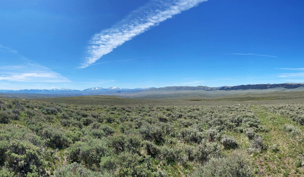 Wide view of an open sagebrush landscape under a bright blue sky with a streak of clouds, distant snow-capped mountains, and rolling hills—ideal recreational land or potential cattle ranch with amazing vistas.