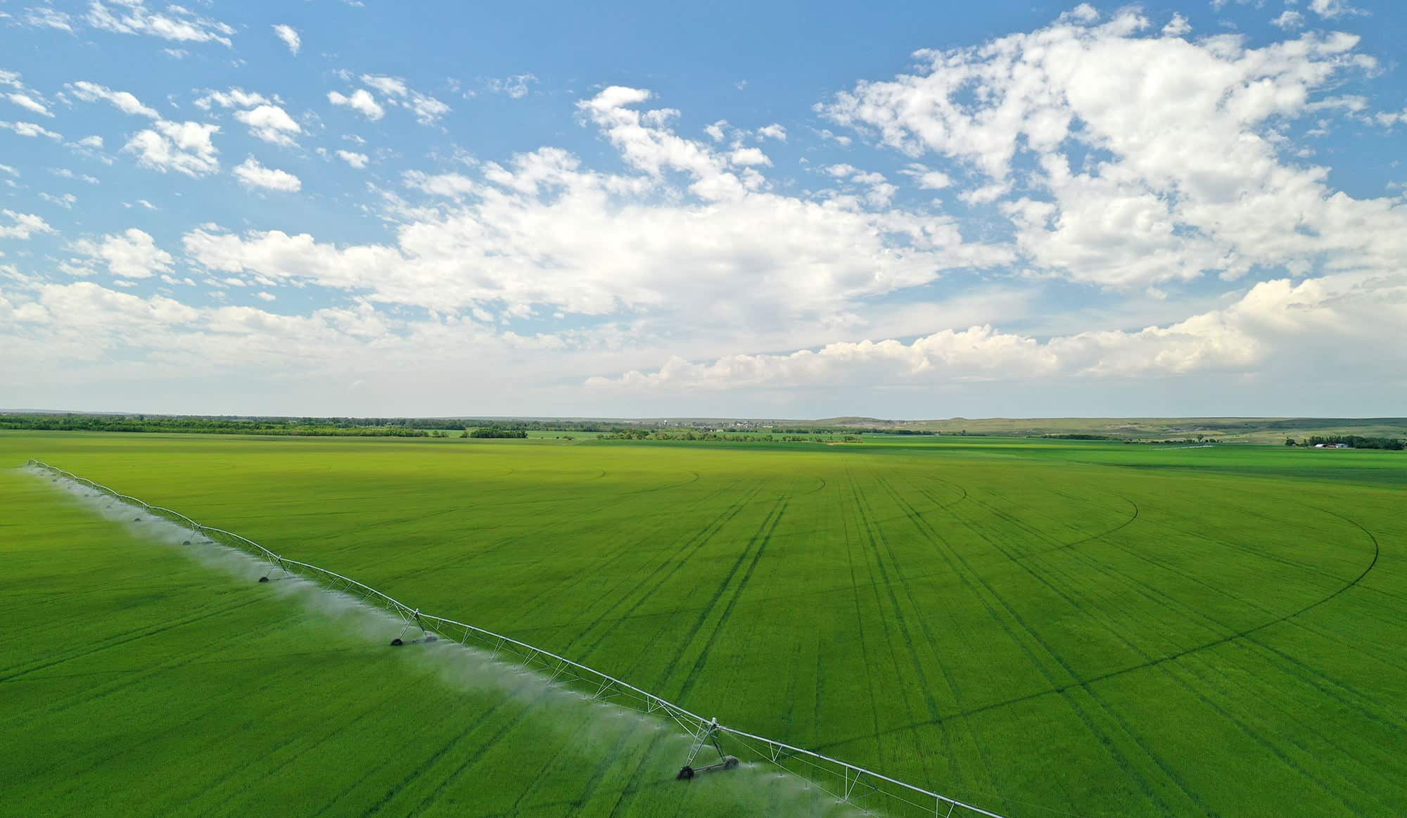 Aerial view of ranch for sale featuring a large green field with an irrigation system under a blue sky. Circular irrigation patterns are visible in the crops, highlighting this prime recreational land opportunity.