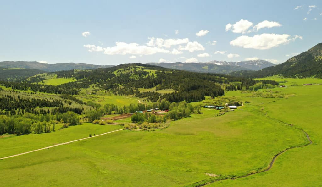 Aerial view of a lush green valley with scattered trees and farmland, ideal recreational land or cattle ranch, bordered by distant forested hills under a bright blue sky with fluffy white clouds.
