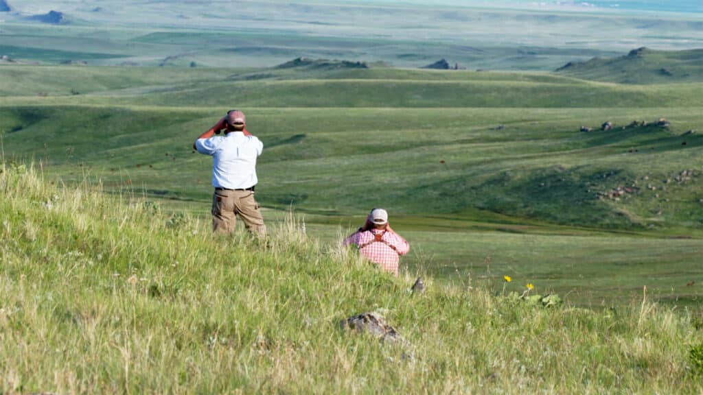Two people in hats stand and sit in tall grass on a hill, looking over a vast, green, rolling landscape—ideal for recreational land or as a hunting property. One uses binoculars while the other gazes ahead.