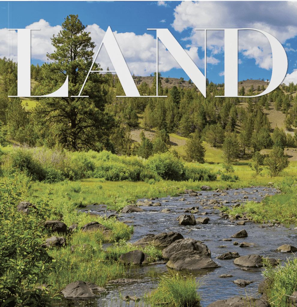 A rocky stream winds through green grass and trees with hills in the background beneath a blue sky. Large white text reading LAND is overlaid at the top, perfect for showcasing recreational land or a scenic ranch for sale.