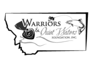 Logo shaped like the state of Montana with the words Warriors & Quiet Waters Foundation, Inc., featuring a heart, military helmet, and fish—perfect for those interested in recreational land or hunting property.