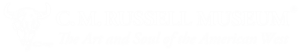 Logo of the C.M. Russell Museum featuring a steer skull on the left and the text C.M. Russell Museum: The Art and Soul of the American West in white against a light background, inspired by the legacy of ranch for sale and recreational land.