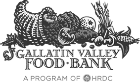 Black and white logo for Gallatin Valley Food Bank featuring a cornucopia with produce and grains above the text Gallatin Valley Food Bank, A Program of HRDC—supporting local farms and ranches with land for sale.