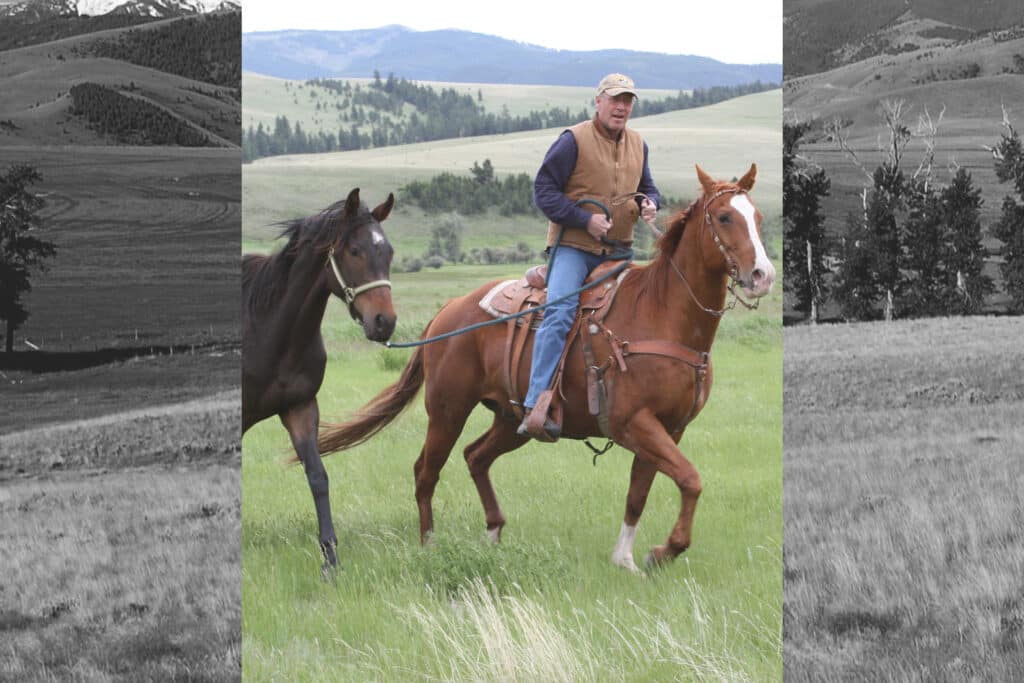 A man in a tan vest and cap rides a brown horse through a grassy field on recreational land, leading another dark horse beside him, with hills and mountains in the background.