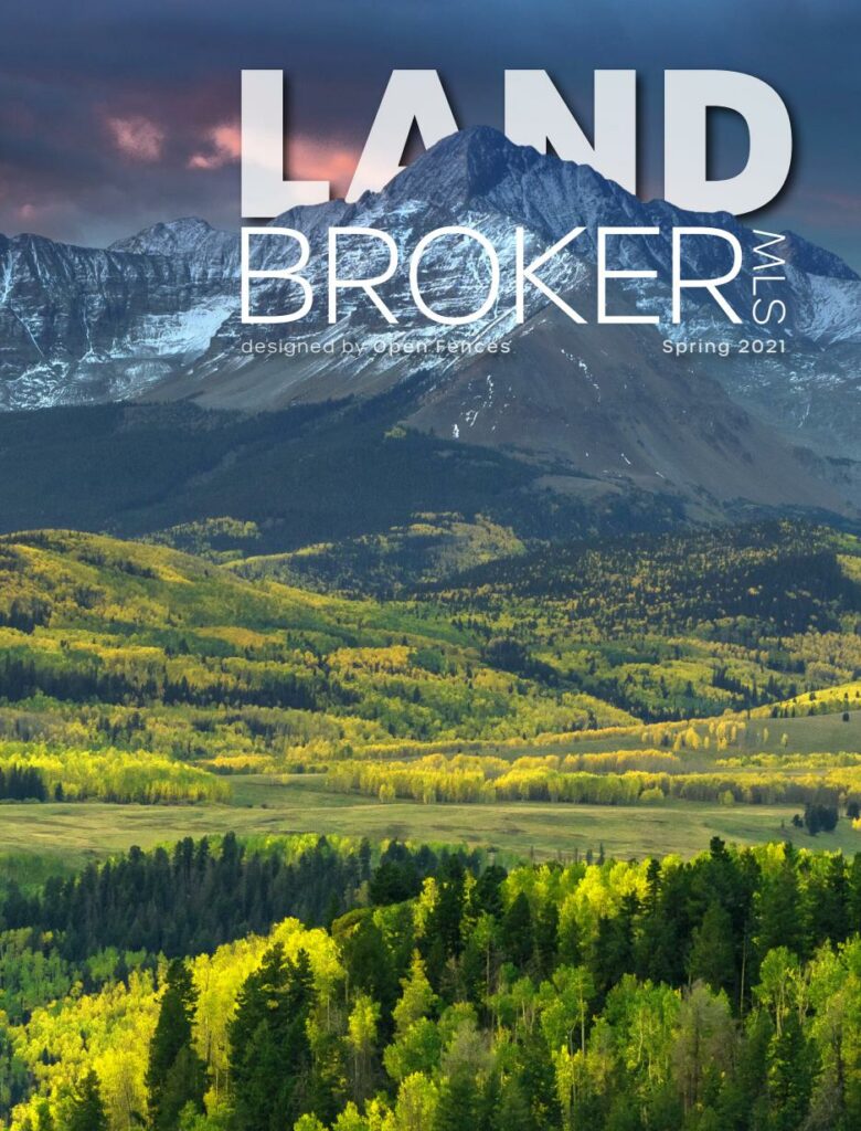 Cover of Land Broker MLS Spring 2021 magazine featuring a scenic landscape of green and yellow forests, rolling hills, and a mountain with a dramatic cloudy sky—perfect inspiration for those seeking recreational land or a cattle ranch.