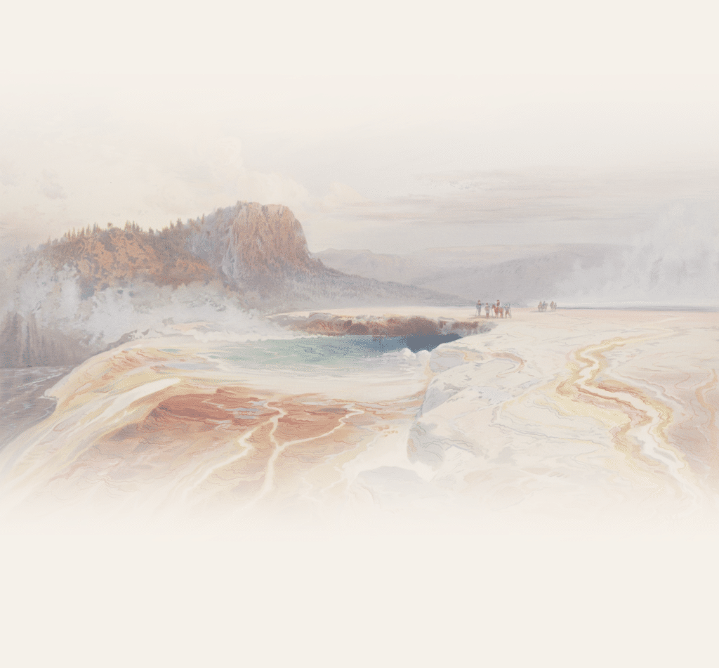 A scenic view of a geothermal hot spring with colorful mineral deposits, mist rising, and a group of small figures observing, surrounded by rocky cliffs and a soft, hazy sky—ideal land for sale near prime hunting property.