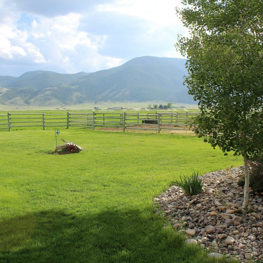 A green lawn with a tree and decorative rocks in the foreground, a small windmill and fence in the midground, and distant mountains under a partly cloudy sky—perfect recreational land or potential ranch for sale.