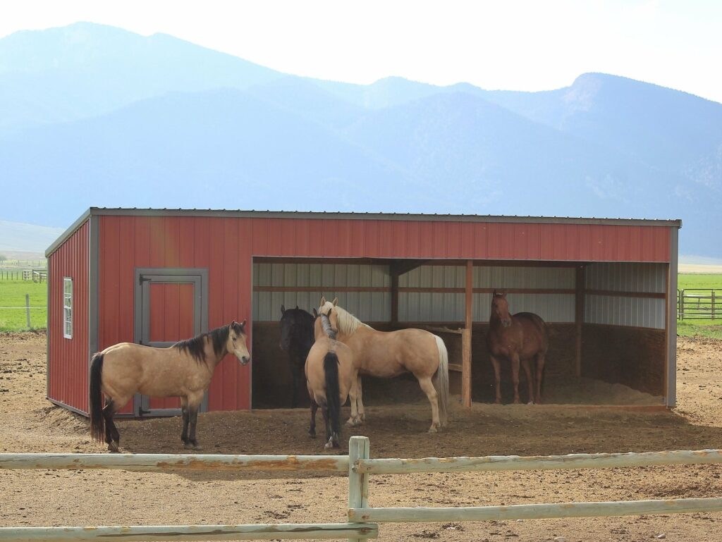Four horses stand in and around a red metal barn in a fenced dirt area, with green fields and blue mountains in the background under a hazy sky—perfect views for a ranch for sale.