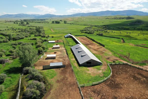Aerial view of a rural ranch for sale with several barns and animal pens, surrounded by green fields, trees, and distant rolling hills under a partly cloudy sky.