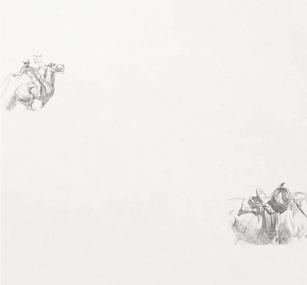 A sketch shows a cowboy riding a rearing horse in the upper left, and a saddled horse grazing in the lower right, both on a mostly empty white background—evoking the spirit of cattle ranch life or adventure on recreational land.