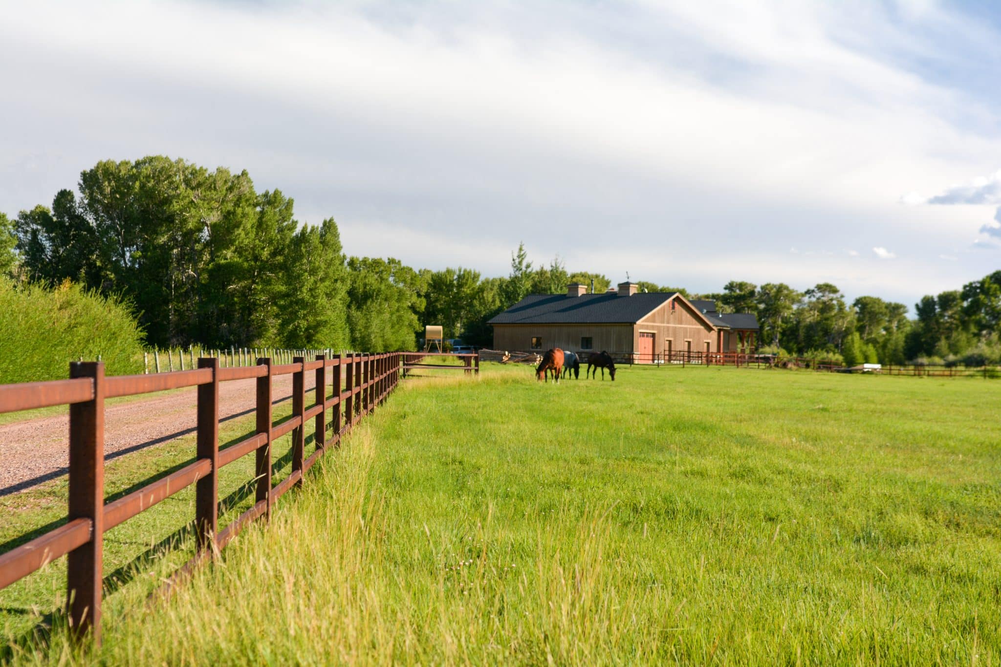 A large green pasture with a wooden fence, a group of horses grazing, and a farmhouse surrounded by trees under a partly cloudy sky—ideal as recreational land or for use as a cattle ranch.