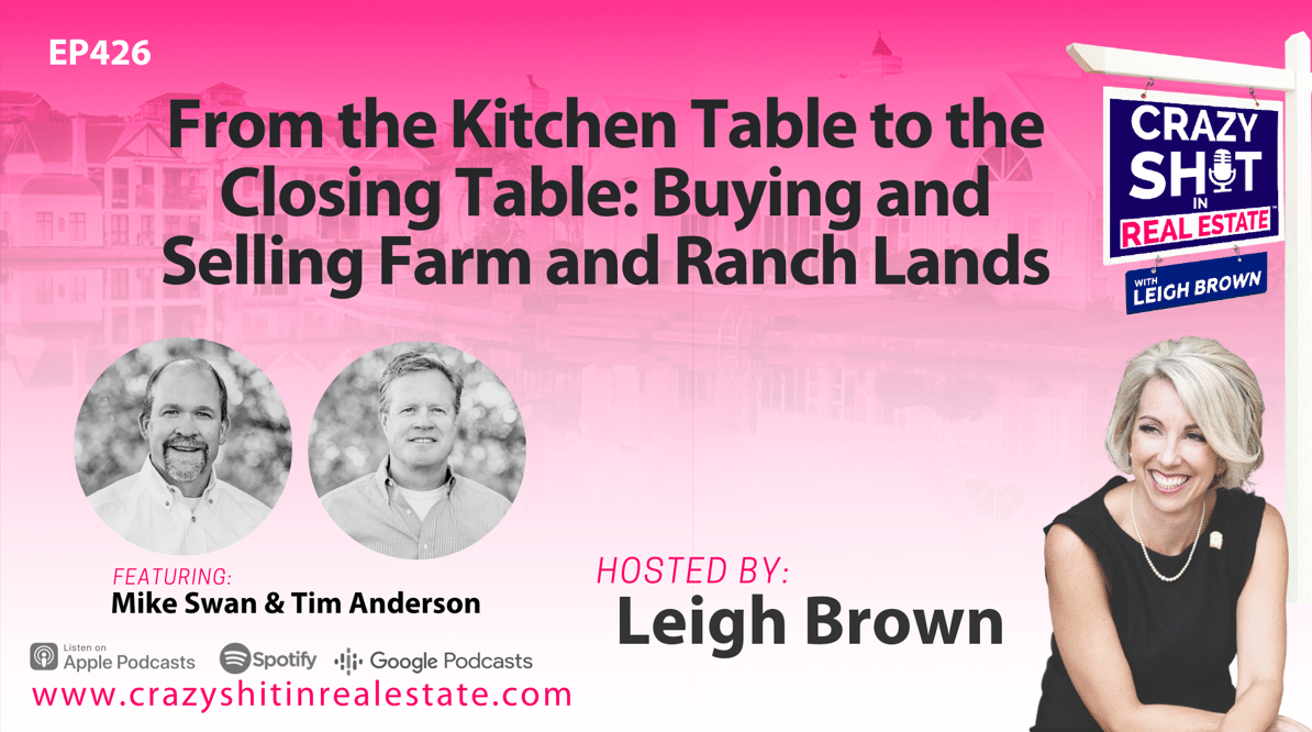 Podcast cover showing “From the Kitchen Table to the Closing Table: Buying and Selling Farm and Ranch Lands”—featuring photos of Mike Swan, Tim Anderson, host Leigh Brown, and highlights on cattle ranch and hunting property. Includes Apple Podcasts, Spotify, Google Podcasts logos.