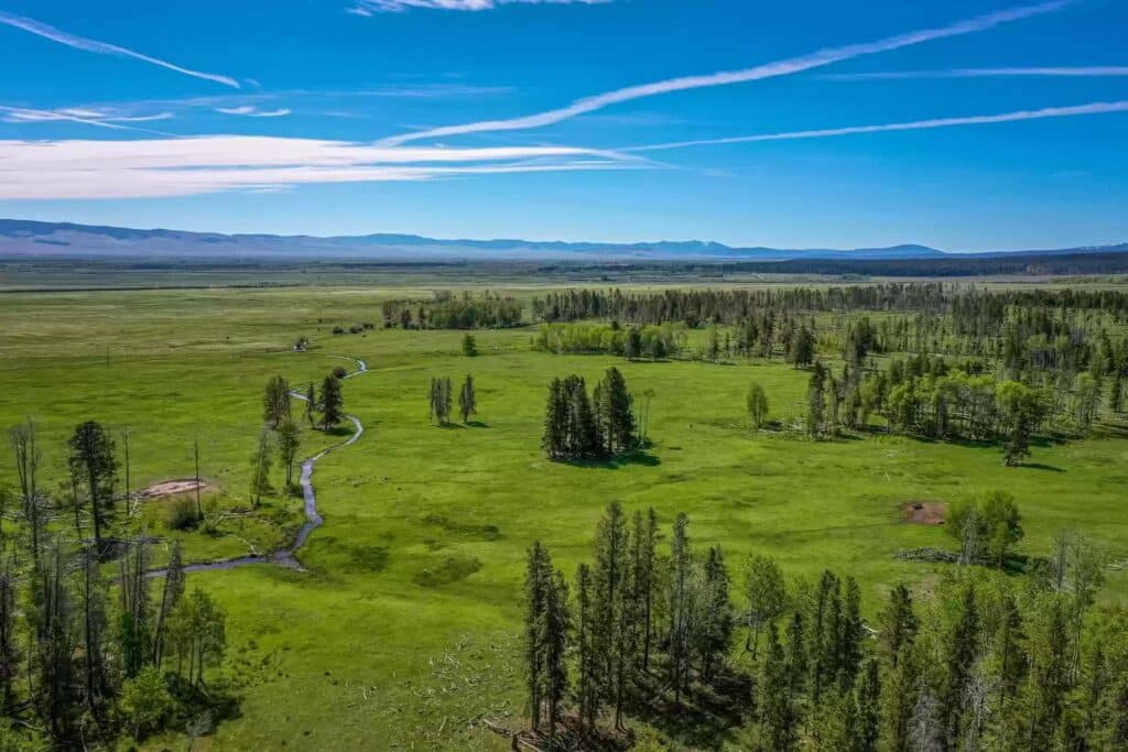 Aerial view of recreational land featuring a green meadow dotted with trees, a small winding stream, and distant mountains under a blue sky with wispy clouds and visible contrails.