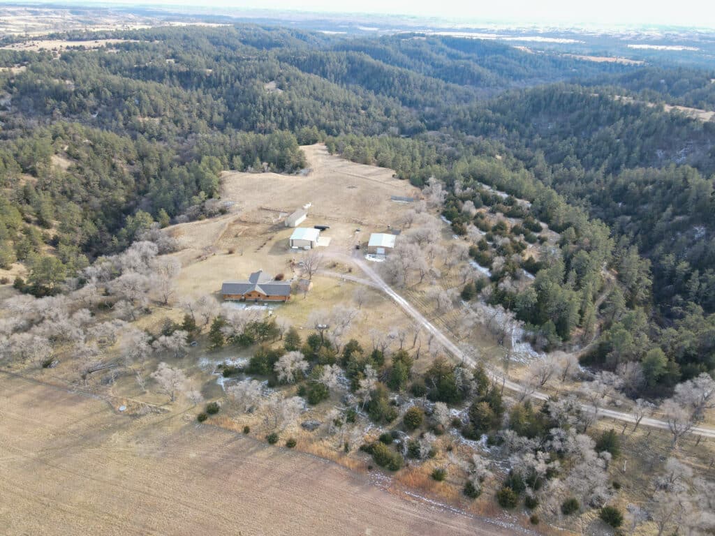 Aerial view of a rural property with a house, two large outbuildings, open grassy areas, and a winding dirt road—ideal as a cattle ranch or land for sale—nestled among forested hills.