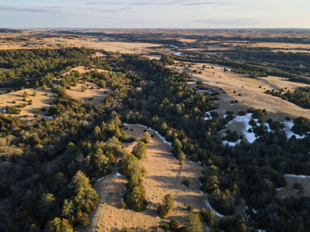 Aerial view of a vast, rolling landscape with patches of trees, open grassy areas, and some spots of snow under a clear sky. This scenic terrain is ideal for recreational land or as a hunting property, featuring gentle hills and sparse forest.