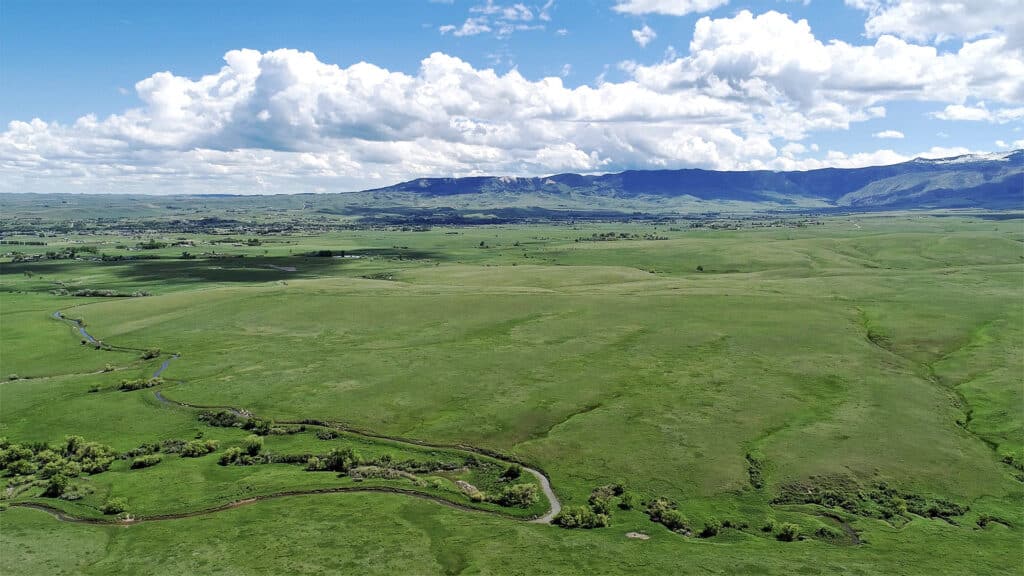 A panoramic view of a vast green plain with a winding river, scattered trees, distant mountains, and a partly cloudy blue sky—ideal recreational land or cattle ranch for sale.