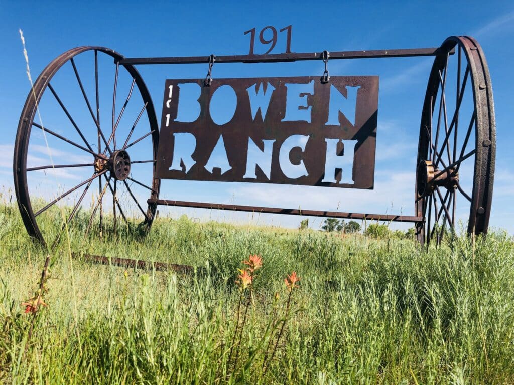 A large metal sign reading 191 Bowen Ranch hangs between two wagon wheels in a grassy field under a blue sky, showcasing a classic cattle ranch and prime land for sale.