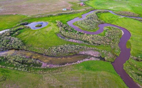 A winding river curves through green fields and patches of trees, with a pond and a few small buildings in the background—an ideal view of recreational land or cattle ranch potential, seen from above in a scenic rural landscape.