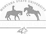 Silhouettes of two riders on horseback, one horse standing and one trotting, with a stylized wolf head below them. A large semicircle suggests the sun or moon in the background, evoking the spirit of a cattle ranch or recreational land.