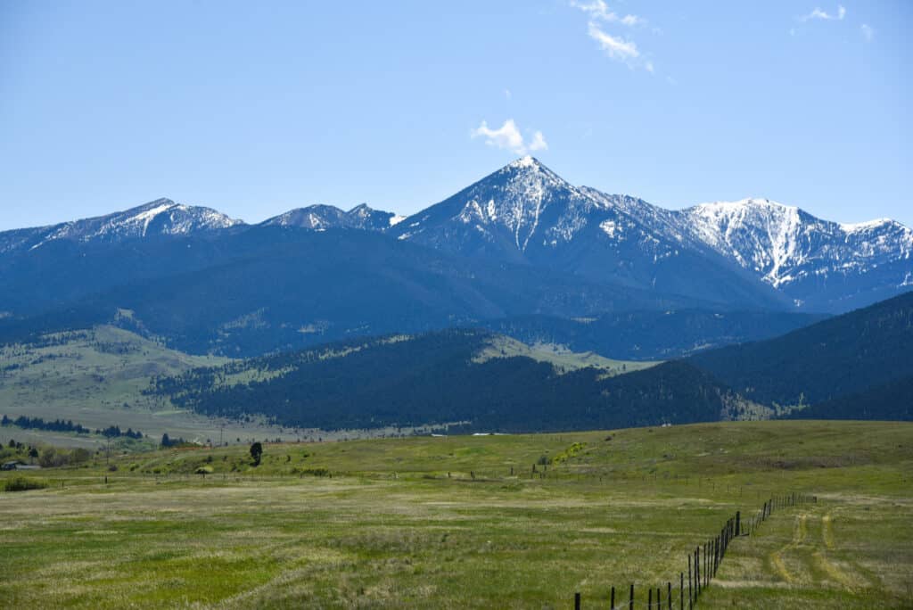 A grassy field stretches toward snow-capped mountains under a clear blue sky, with a fence running along the right side—perfect for a cattle ranch or hunting property.