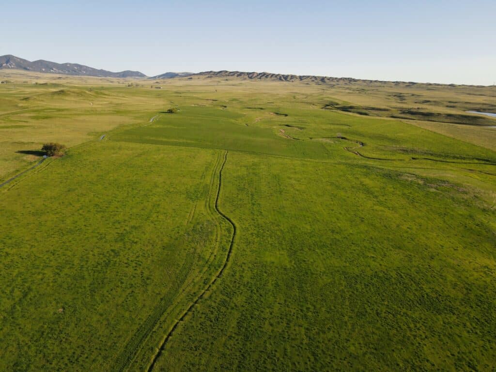 Aerial view of vast green grasslands with faint trails winding through fields, rolling hills, and distant mountains under a clear blue sky—ideal as a cattle ranch or hunting property.