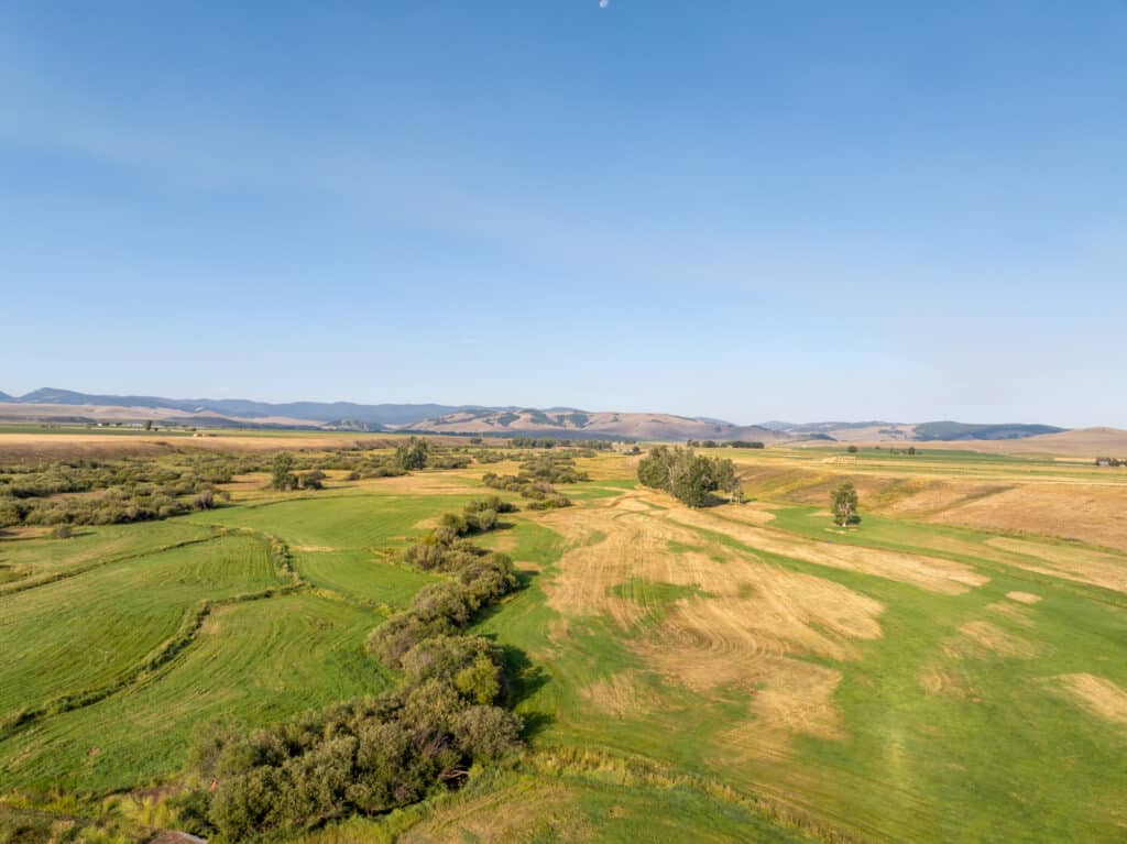A wide view of recreational land with green fields, patches of dry grass, scattered trees, and distant low hills under a clear blue sky.