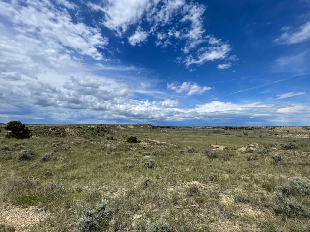 A wide, open grassland stretches under a partly cloudy sky with patches of blue, distant hills, and scattered shrubs—ideal recreational land or hunting property available for sale.