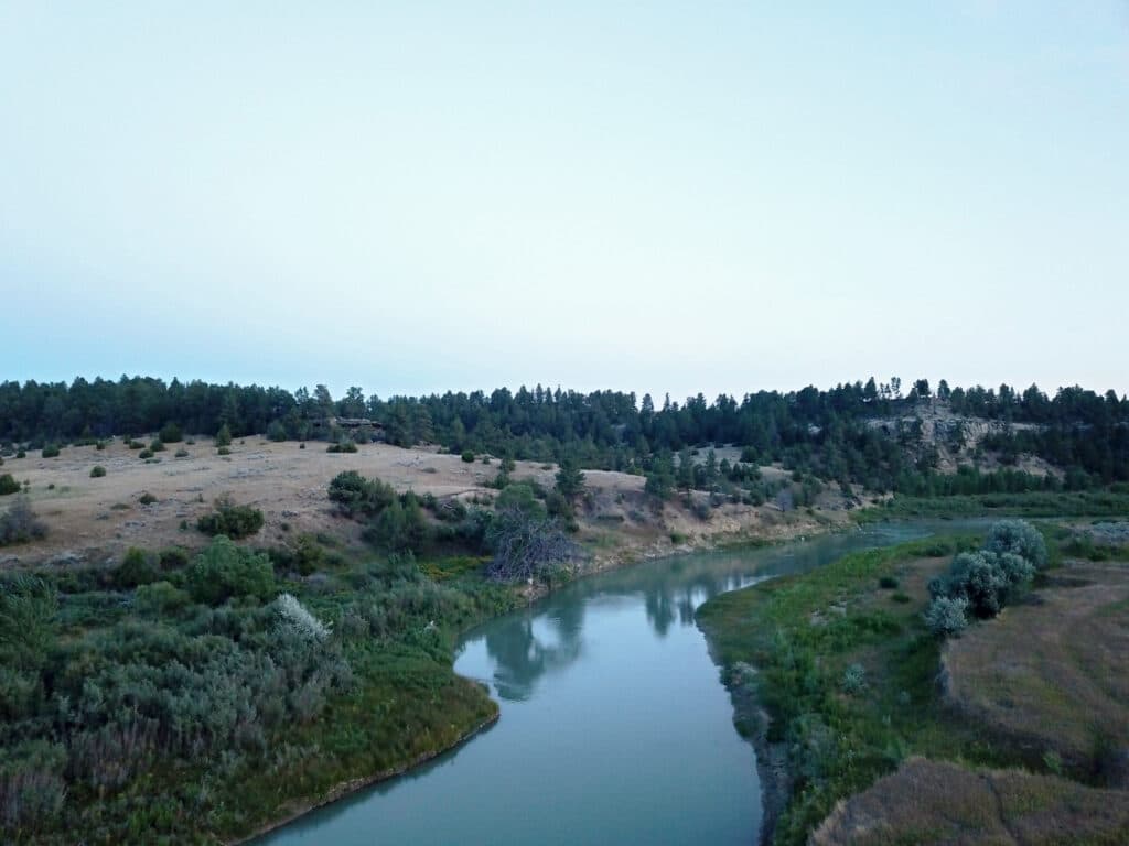 A calm river winds through grassy hills, ideal for a cattle ranch or hunting property, with scattered shrubs and trees under a pale, clear sky. Dense forest lines the horizon, making this beautiful land for sale a peaceful haven.